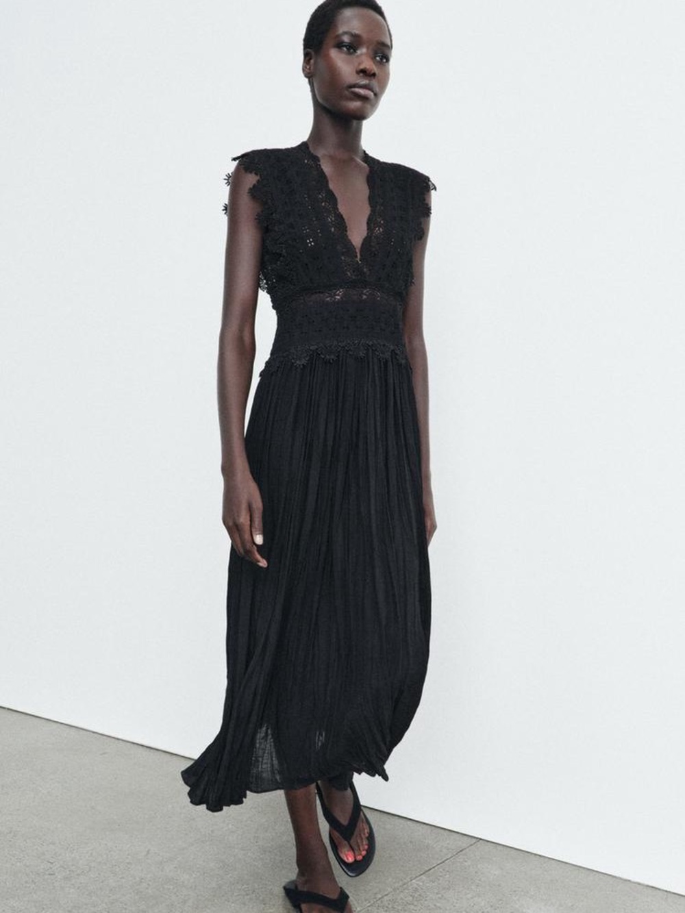 Zara Black Lace-Trim V-Neck Midi Dress